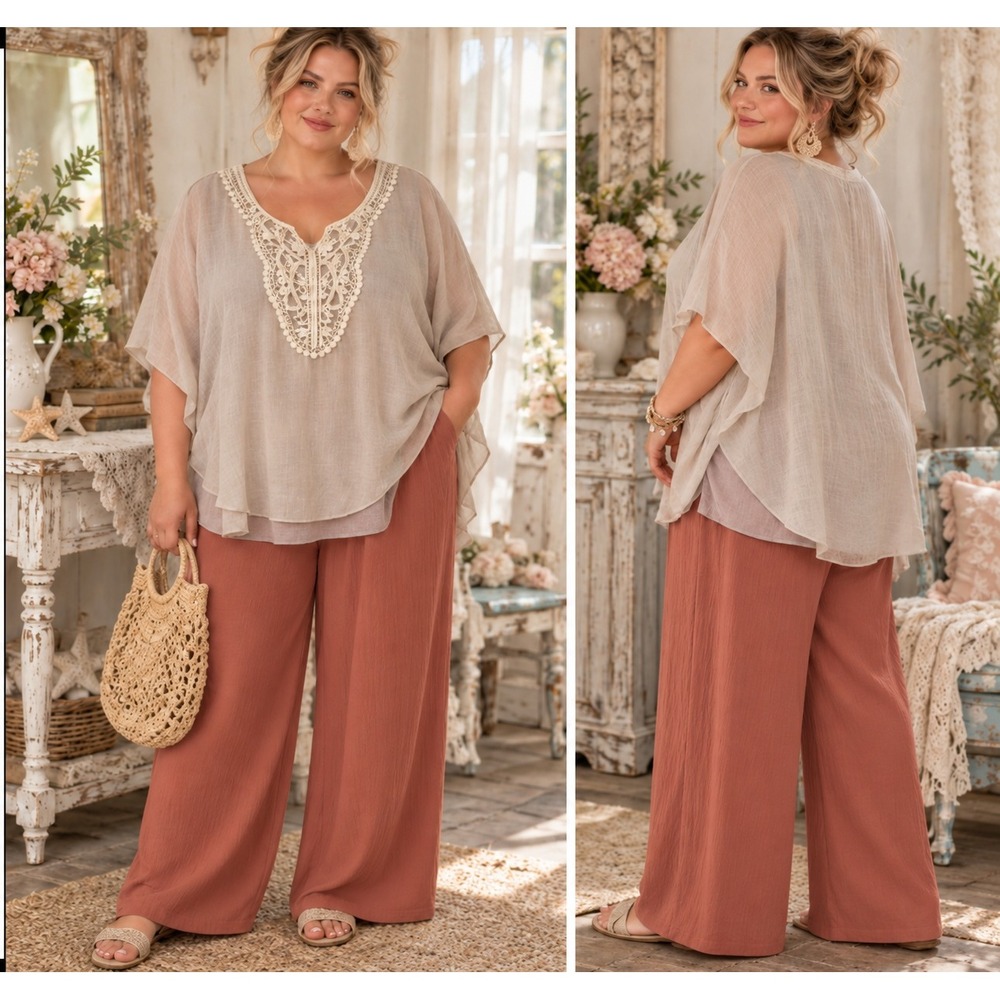 51. 2X SET AGB Woman Boho Lace Trim Poncho Top & Wide Leg Pants Set Terracotta